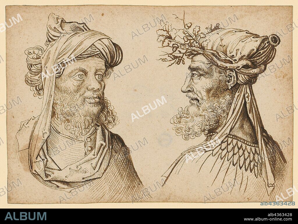 Two oriental heads, feather in brown, leaf: 11 x 16 cm, not marked, Martin Schongauer, (Kopie nach / copy after), Colmar um 1445–1491 Colmar.