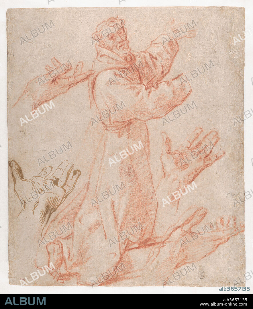Studies for a Figure of Saint Francis Kneeling in a Three-Quarter View and for His Hands (recto); Studies for a Figure of Saint Francis Kneeling in Profile (verso). Artist: Annibale Carracci (Italian, Bologna 1560-1609 Rome). Dimensions: sheet: 13 1/4 x 11 5/16 in. (33.6 x 28.8 cm). Date: 1583-85.
The recto of this sheet, with studies for a kneeling Saint Francis with his arms extended, relate to the figure of the saint seen in the lower left foreground of the Pietà with Saints (Galleria Nazionale inv. 169, Parma; oil on canvas, 373.8 x 239.7 cm), a monumental altarpiece Annibale painted for the church of the Capuchin Fathers in Parma in 1585. The artist focused his attention on Saint Francis's hands, as they have a key role in the narrative of the painting, which depicts the saint introducing the viewer to the dead body of Christ. The artist's command of anatomy is evident in the four repeated studies of this detail: one in pen and ink, the rest sharply rendered with red chalk. The saint recorded on this drawing was also possibly reused by the artist for the similar figure painted in a canvas with the St. Francis in Glory now in Venice, Galleria dell'Academia. On the verso, a kneeling Saint Francis in profile with his arms crossed resemble the figure of the saint (in reverse) in the lower left foreground of another altarpiece by Annibale, the Crucifixion with Saints (Santa Maria della Carità, Bologna), dated 1583.
The elongated figural type with small head, chiseled facial features, and rapt expression, as well as the arresting control of gesture that is evident in the studies of the hands seem typical of the draftsmanship of the young Annibale rather than that of Ludovico, as has recently been proposed by Babette Bohn and John Cavostal (written communications, 1995 and 1998). Both scholars relate to the drawing for the 'Mystic Marriage of Saint Catherine of Alexandria' in Göteborgs Konstmuseum (inv. 1303). While the pose of the figure at first seems rather close, it is difficult to reconcile the style and handling of the drawing to anything presently given to Ludovico in these years. The significant differences in pose and drapery bring it little closer than to Annibale's Pietà, while the looseness of the handling is very much the latter's. A red chalk study for the figure of the dead Christ in the center of the picture is preserved in the Uffizi, Florence (inv. 12418 F). Ann Sutherland Harris lately confirmed the attribution to Annibale Carracci in a written communication to the Museum (2008). (F.R.).