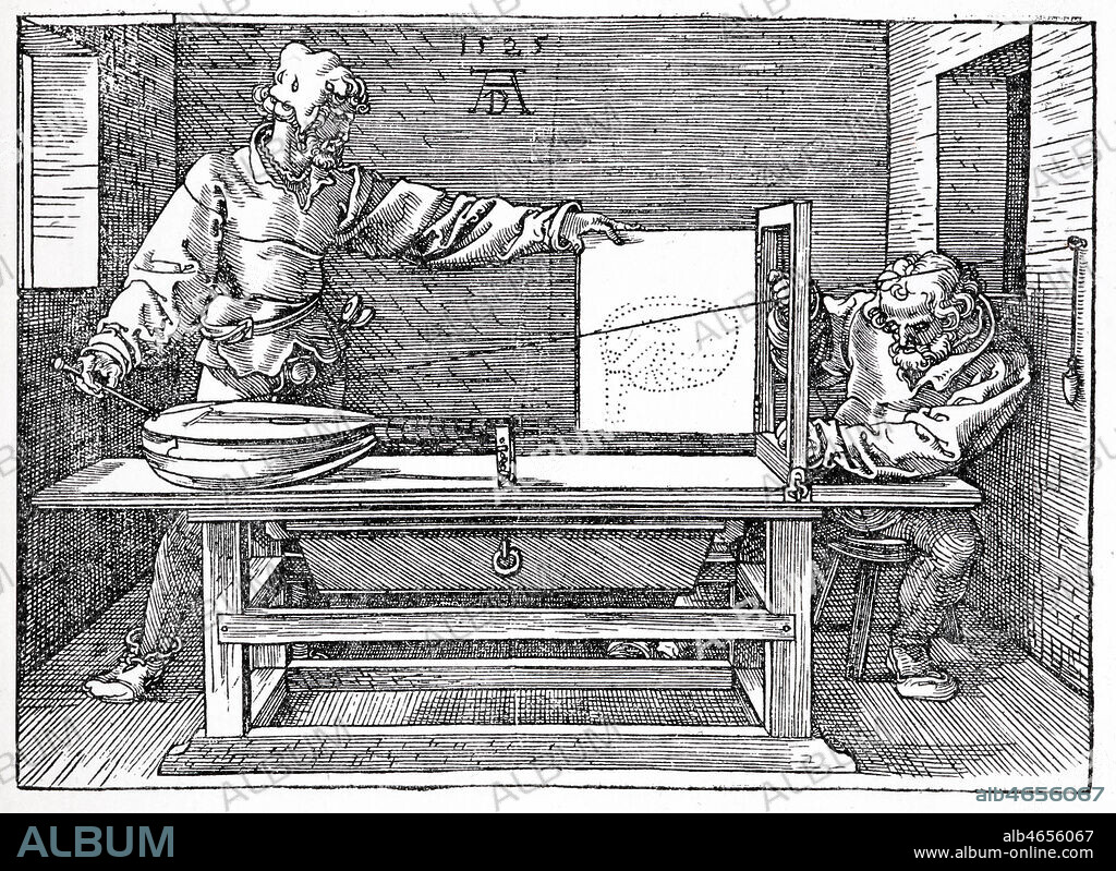 Dessinateur dessinant un instrument de musique selon un modele avec sa machine a dessiner. Gravure de DURER (1471-1528). Credit: Collection KHARBINE-TAPABOR.