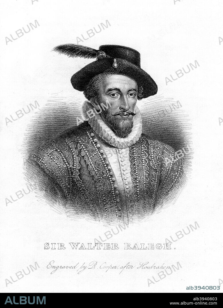 Sir Walter Raleigh, writer, poet, courtier and explorer, (19th century). Raleigh (1554-1618) was an English adventurer, explorer and writer, a favourite of Queen Elizabeth I, who knighted him in 1585. In 1584-1589 he was involved in an unsuccessful attempt to establish a colony in North America, but did introduce tobacco and the potato to Britain from the New World. Accused of treason by Elizabeth's successor, James I, he was imprisoned in the Tower of London and eventually put to death in 1618.