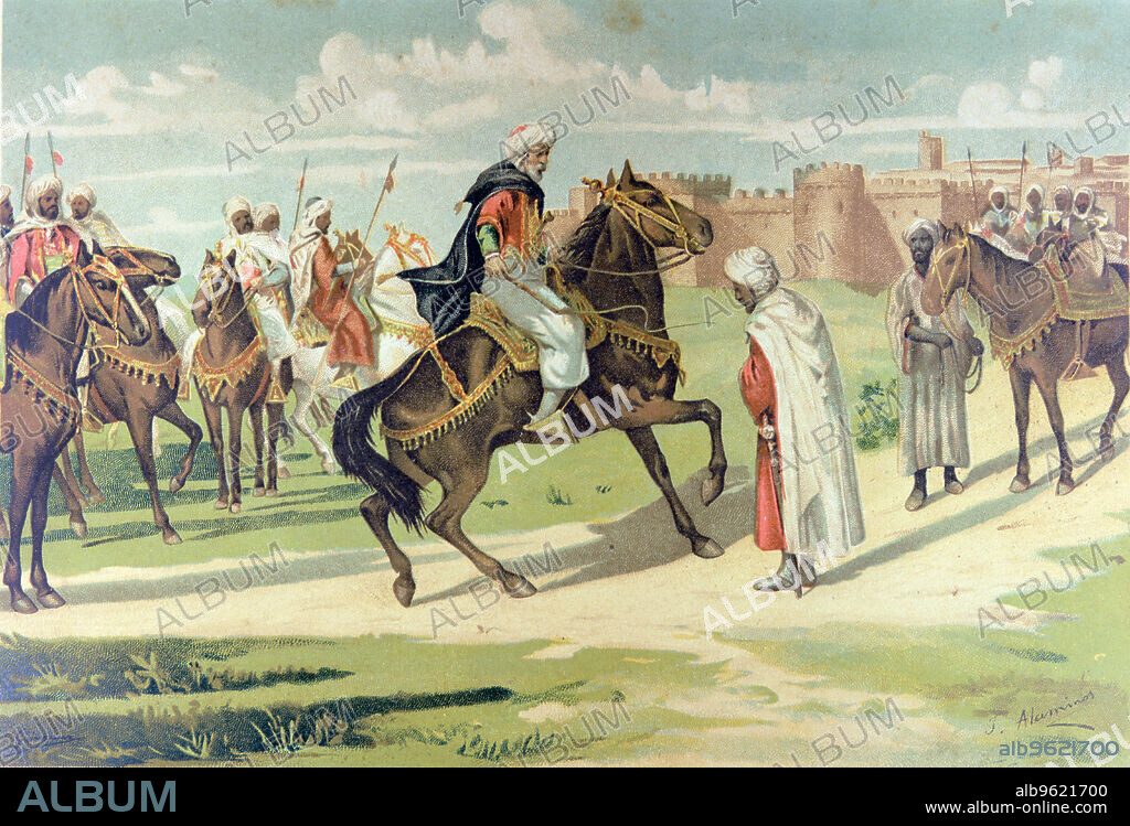 The Arab general Musa Ibn Nusayr (640-718) strikes the face of his lieutenant Tarik for disobeying his orders during the conquest of Andalusia and Extremadura (712), drawing.