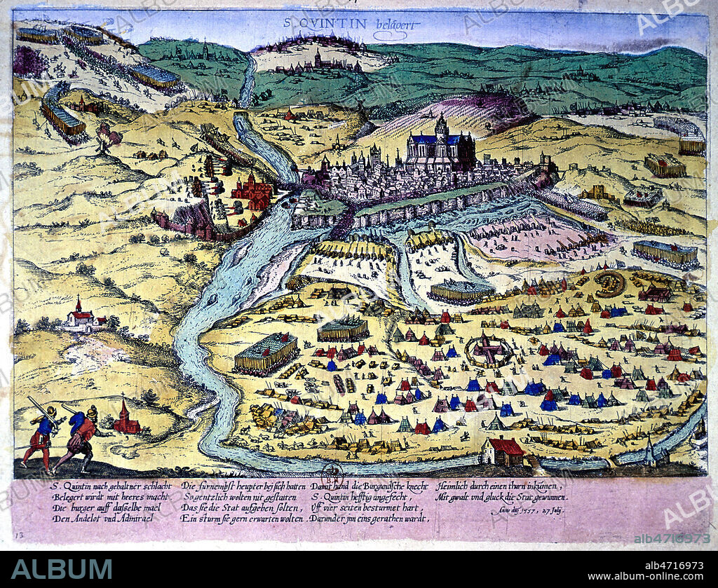 Scene de Bataille : Siege de Saint Quentin 1557 : L'armée française, commandée par le connétable Anne de Montmorency essuie une terrible défaite à Saint-Quentin le 10 août 1557, contre Philippe II d'Espagne . Gravure in Les Guerres Civiles ouvrage du 16eme siecle par Franz HOGENBERG (1535-1590) peintre et graveur flamand. Credit Collection JEAN VIGNE/KHARBINE TAPABOR.
