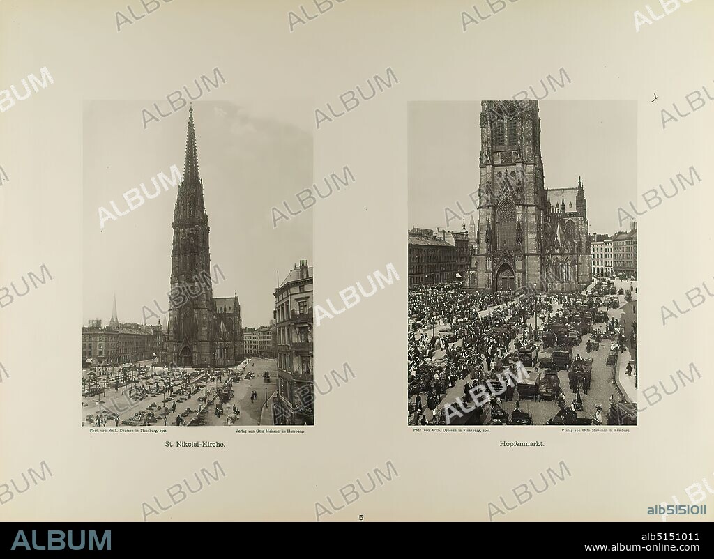 Wilhelm Dreesen, Otto Meissner, St. Nikolai Church and Hopfenmarkt from the folder Neue malerische Bilder aus der Freien und Hansestadt Hamburg und ihrer Umgebung, Staatliche Landesbildstelle Hamburg, Collection on the history of photography, paper, collotype, Total: Height: 48,00 cm; Width: 35,00 cm, inscribed: recto u. Photographer, Publisher and title, travel photography, architectural photography, city, city view (veduta), exterior of a church, streets and squares, market, market stall, market booth, hist. Building, location, street, hist. place, town, village, architecture, Hamburg.