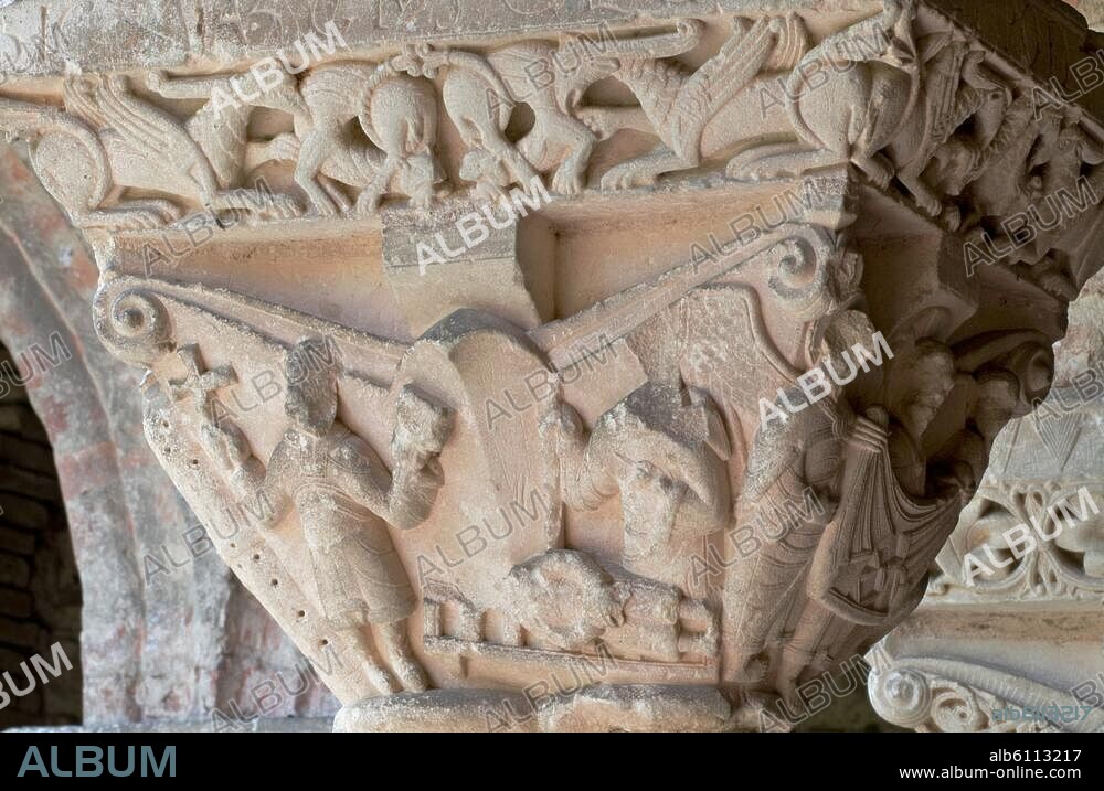 Moissac (Dép.Tarnet-Garonne, Midi-Pyrénées, Frankreich), Abtei / Abbaye Saint-Pierre, Kreuzgang / Cloître (1100 geweiht), Nordgalerie.-Figürliches Relief mit der Geschichte des Heiligen Martin von Tours.-Skulptur, kurz vor 1100. Foto, 2007.