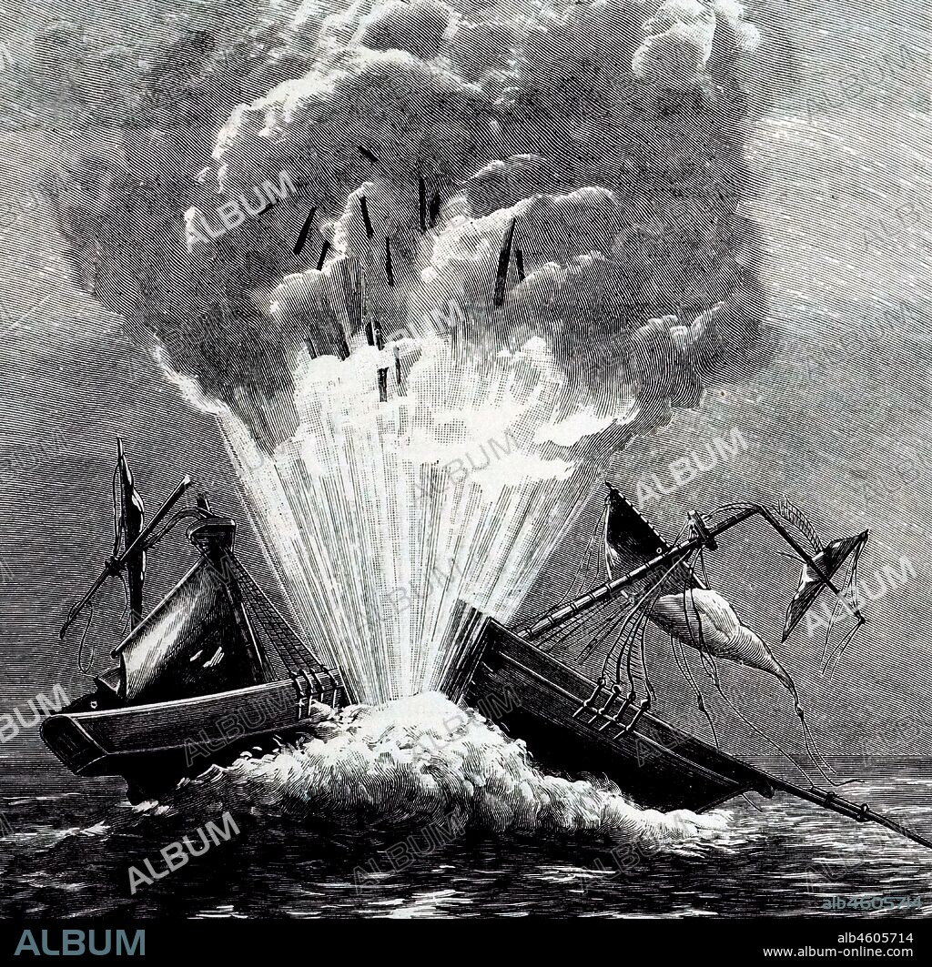 Illustration depicting the first trial of a torpedo fired by the Nautilus submarine; 1905. It destroyed the Danish ship 'Dorothée' provided by the British Admiralty, in Walmer Bay, in front of Prime Minister William Pitt. The designer of the Nautilus was Robert Fulton (1765 – 1815); an American engineer and inventor. In 1800, he was commissioned by Napoleon Bonaparte to attempt to design Nautilus, which was the first practical submarine in history. He is also credited with inventing some of the world's earliest naval torpedoes for use by the British Royal Navy.