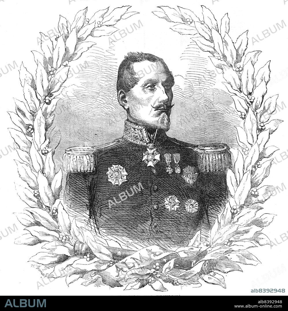 The late Marshal St. Arnaud, 1854. French officer and Marshal of France who fought at the Battle of the Alma during the Crimean War. 'In 1852 the General was made a Marshal of France, named Senator, and received the Grand Cross of the Legion of Honour. The Marshal left the Ministry of War to command the Army of the East, and died, of angina pectoris, on the 29th [September]. The Moniteur in announcing the sad event, says: "All France will associate itself to the deep regret felt by the Emperor. This cruel loss mixes up a national mourning with the joy caused by the last news from the East. Having rendered such great services, Marshal St. Arnaud succumbs at the very moment he had acquired, by the expedition of the Crimea, and the signal victory of the Alma, glorious claims to the gratitude of the country"'. From "Illustrated London News", 1854.