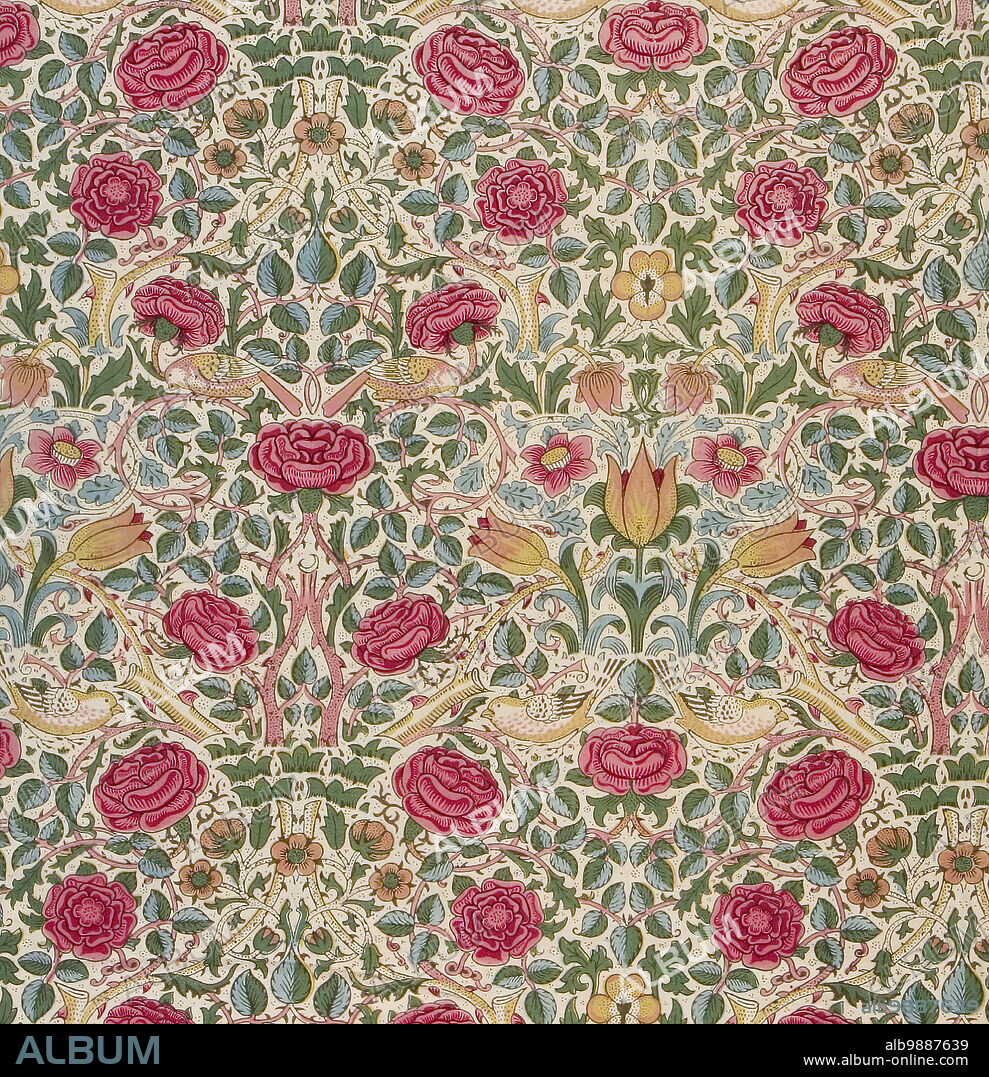 WILLIAM MORRIS. Textile, 'Rose', Designed 1883.