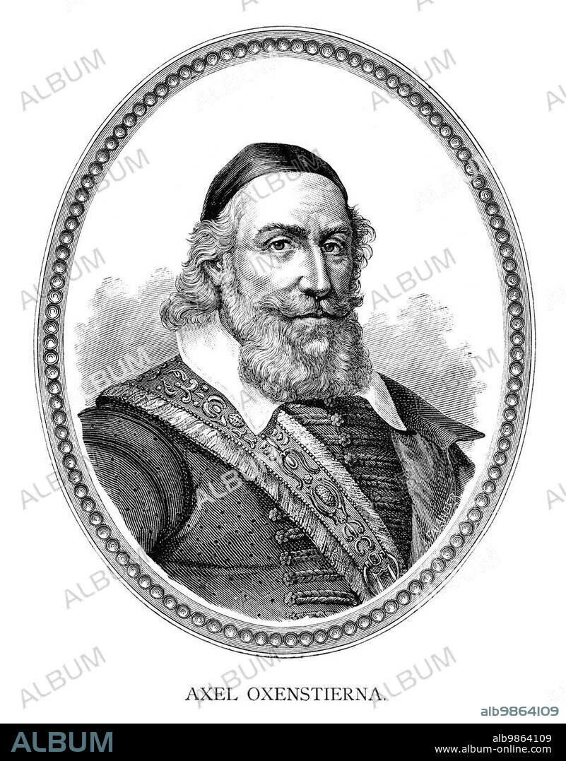 Axel Gustafsson Oxenstierna af Södermöre (June 16) (1583 ? August 28) (1654), Count of Södermöre, was a Swedish statesman. He became a member of the Privy Council in 1609 and served as Lord High Chancellor of Sweden from 1612 until his death. He was a confidant of both Gustavus Adolphus and later Queen Christina Engraving by Ida Falander (1842-1927), published in Starbäck, Bäckström: Berättelser ur Svenska Historien ca 1880.