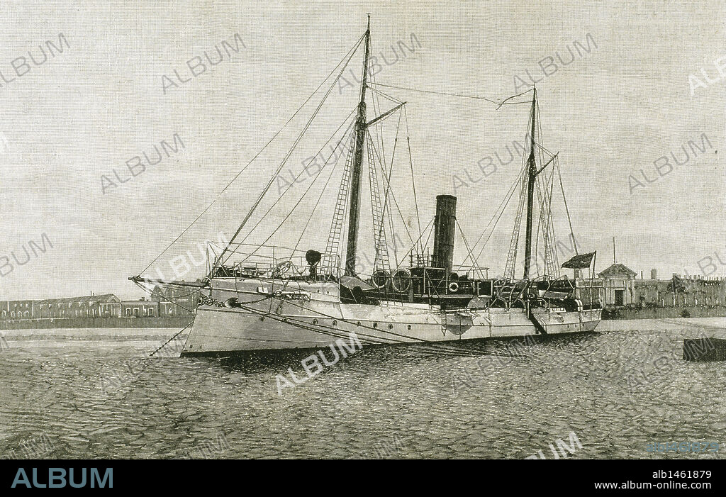 CAÑONERO-TORPEDERO "NUEVA ESPAÑA". Construido en el arsenal de la carraca. Grabado por Rico. "La Ilustración Española y Americana", año 1892.