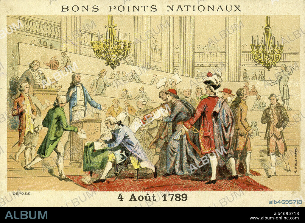 '4 Aout 1789' : Nuit du 4 aout. Abolition des privileges par l'assemblee nationale. Bon point vers 1890. Illustration anonyme. Credit : Collection IM/KHARBINE-TAPABOR.