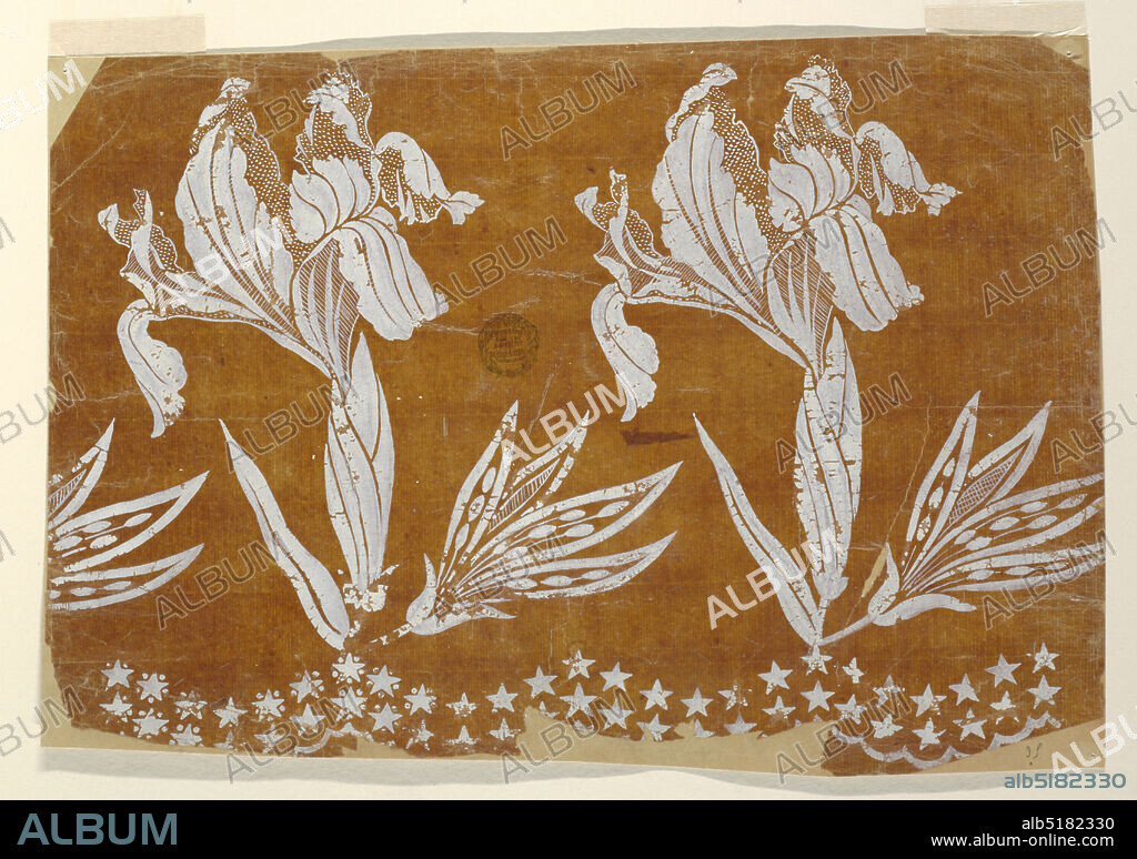 Design for an Embroidered or Woven Horizontal Border of the 'Fabrique de St. Ruf,' Unfinished, Fabrique de Saint Ruf, Lyon, France, Brush and white gouache on glazed tracing paper pasted on paper, Lacy flower boughs stand over an undulated double row of stars and a scalloped stripe. Somewhat more than two repeats are shown., France, 18051815, Drawing, Drawing.