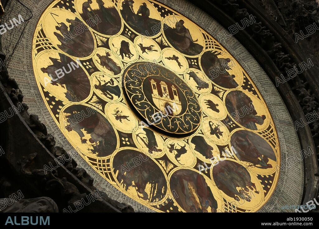 The Prague Astronomical Clock or Prague Orloj mounted on the southern wall of Old Town City Hall in the Old Town Square.The calendar, added to the clock in 1870. The twelve medallions represent the twelve months of the year made by Czech painter Josef Manes (1820-1871). Czech Republic.
