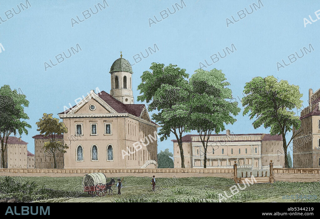 United States. Harvard University in Cambridge, Massachusetts, near Boston. Established in 1636, Harvard is the oldest institution of higher education in the United States. Engraving by Fleury. Panorama Universal. History of the United States of America, from 1st edition of Jean B.G. Roux de Rochelle's Etats-Unis d'Amérique in 1837. Spanish edition, printed in Barcelona, 1850. Later colouration.