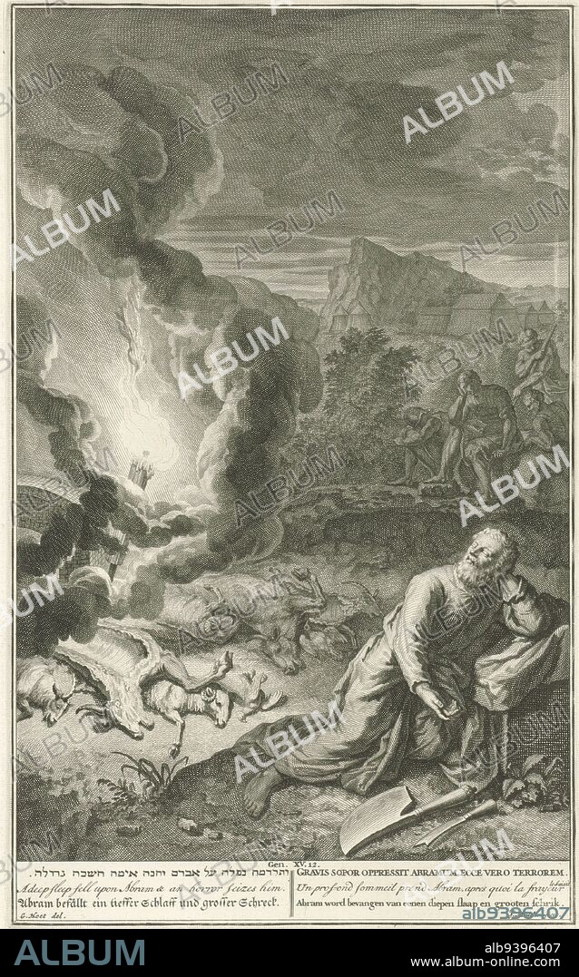 God's covenant with Abraham, Joseph Mulder, after Gerard Hoet (I), 1720 - 1728, While he is sleeping Abraham receives a vision. He sees an oven from which smoke is coming out and a burning torch, which is passing between the halves of animals that have been laid down, as a sign of God's covenant with him. Below in the margin a reference to the Bible text and title in Hebrew, English, German, Latin, French and Dutch., print maker: Joseph Mulder, (mentioned on object), intermediary draughtsman: Gerard Hoet (I), (mentioned on object), Amsterdam, 1720 - 1728, paper, engraving, etching, h 358 mm × w 220 mm.
