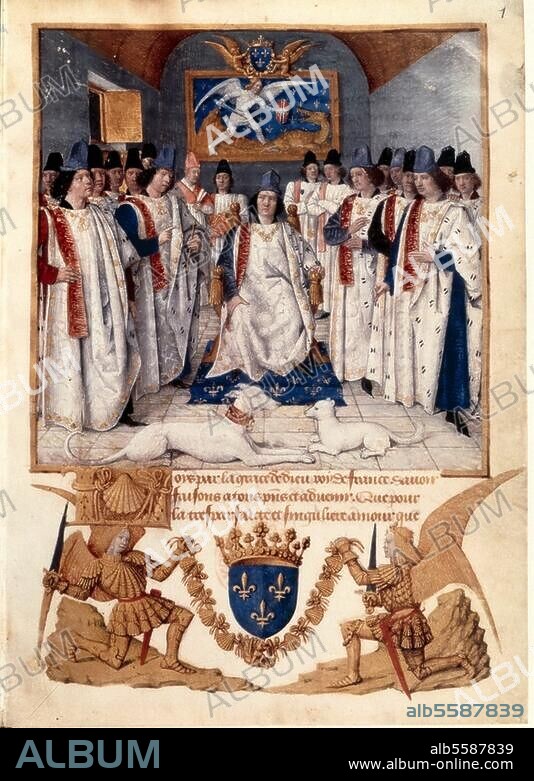 Ludwig XI., König von Frankreich (1461-83); 1423-1483. Ludwig XI. in der Kapitelversammlung des Michaelsordens". Buchmalerei, um 1469/72, von Jean Fouquet (um 1415/20-1477/81). Illustration zu den Statuten des Michaelsordens. Ms. fr. 19819, fol. 1. Paris, Bibliothèque Nationale.