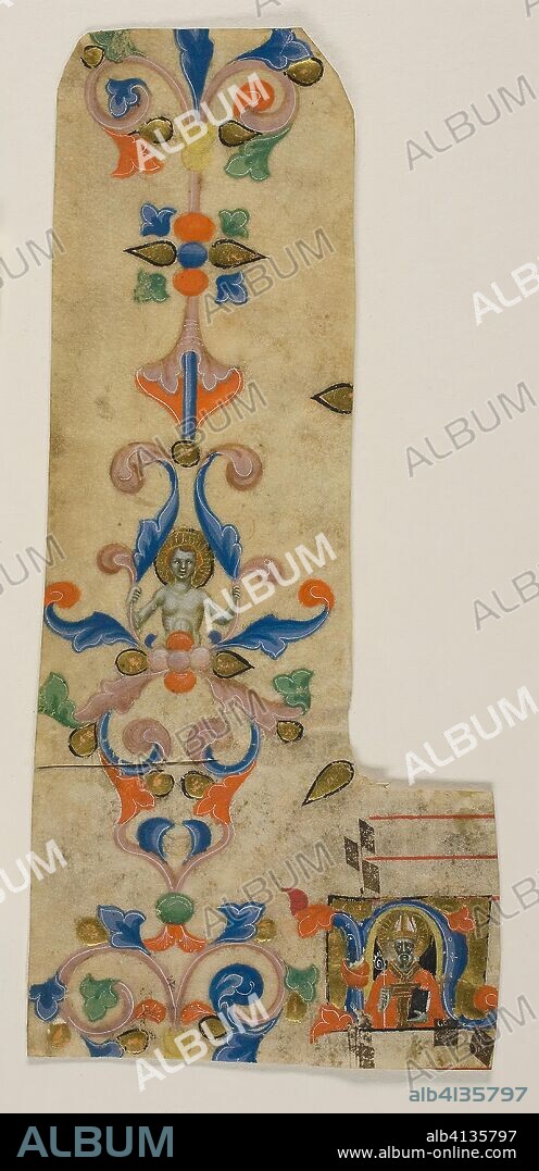 Bishop Saint Zenobius in a Historiated Initial "N" with Decorated Border from a Laudario. Italian (Florence); Master of the Dominican Effigies. Date: 1335-1345. Dimensions: 213 x 97 mm. Manuscript cutting with tempera and gold leaf decorations, and rounded gothica textualis inscriptions in black ink, ruled in red ink, on parchment. Origin: Italy.