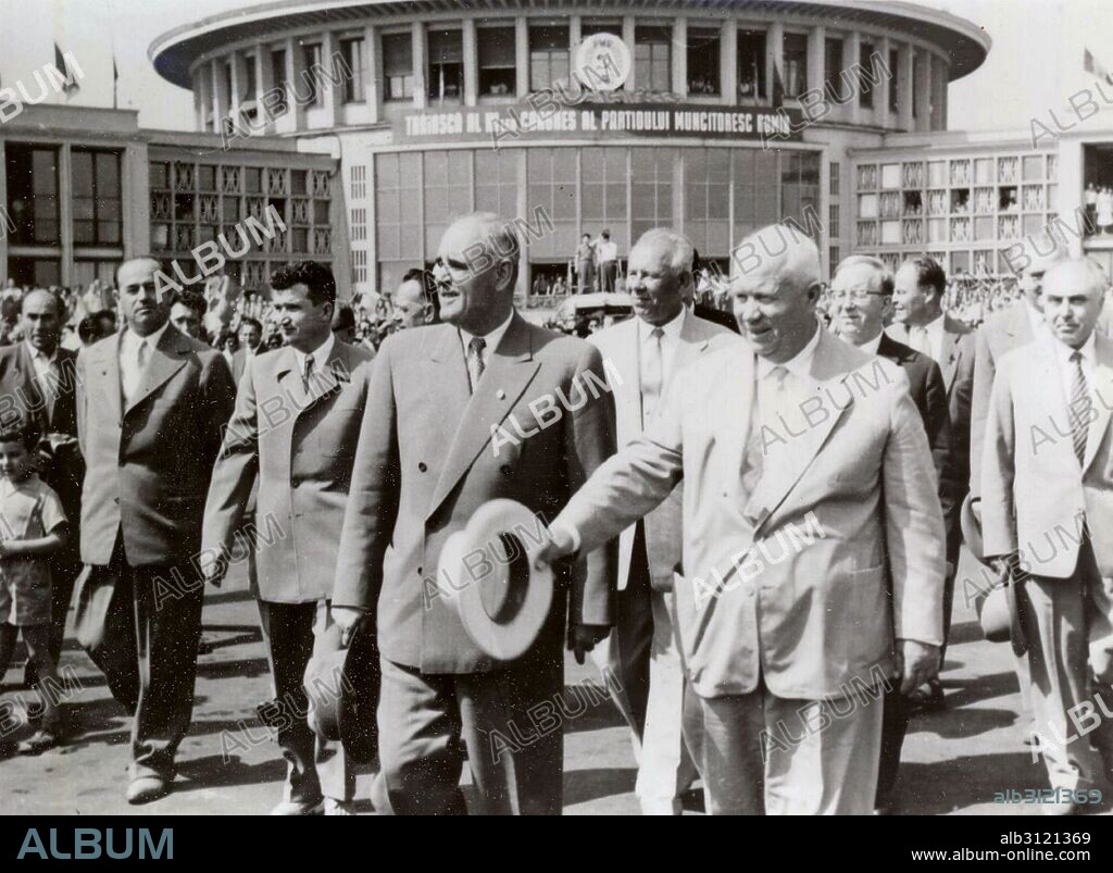 Romanian Communist leader, Georgiou-Dej meets Russian Leader Nikita Khrushchev, at Bucharest Airport 1960. Behind Georgiou-Dej is his successor Nicolae Ceausescu (dark hair).