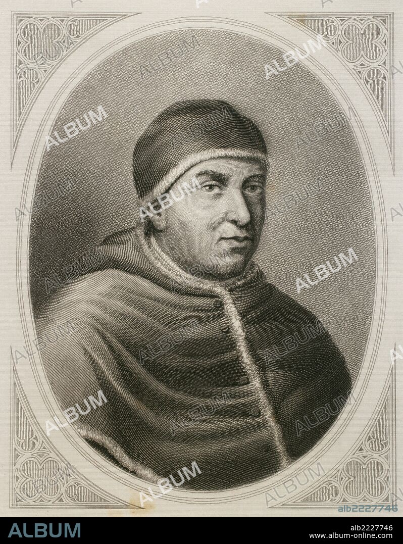 LEON X (Florencia, 1475-Roma, 1521). Papa florentino (1513-21), de nombre Giovanni de Medici. Hijo de Lorenzo el Magnífico y promovido al cardenalato (1489). Fue hecho prisionero por los franceses (1511). Prosiguió las tareas del V concilio de Letrán. Grabado de L. Roca, "La Revolución Religiosa", 1880.