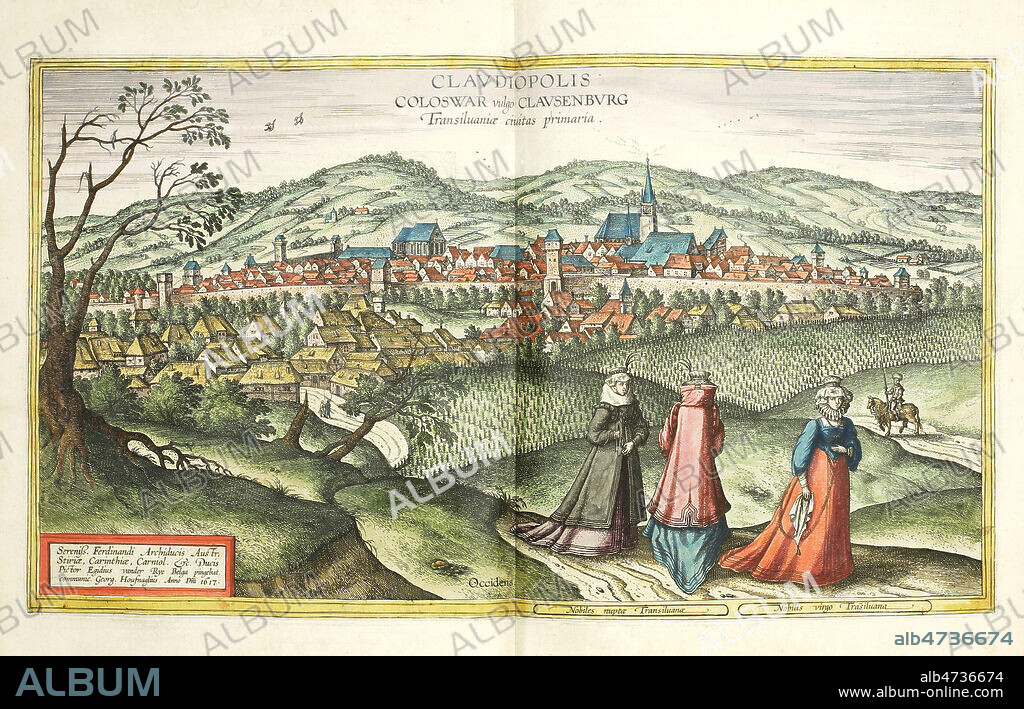 Vue de la ville de Claudiopolis, Klausenburg ou Cluj-Napoca en ROUMANIE, capitale de la principaute de TRANSYLVANIE. in Civitates Orbis Terrarum par BRAUN et HOGENBERG par Joris Hoefnagel (1542- apres 1600) . 1564 fin 16eme . Credit : Collection privee, MIGNY/KHARBINE TAPABOR.
