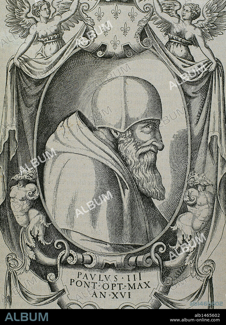 PAULO III (Canino,1468-Roma,1549). Papa italiano (1534-1549), de nombre Alessandro Farnesi. Favoreció el movimiento renacentista y en 1540 aprobó la Compañia de Jesús. Grabado de una copia en cobre de F. Hulsius.