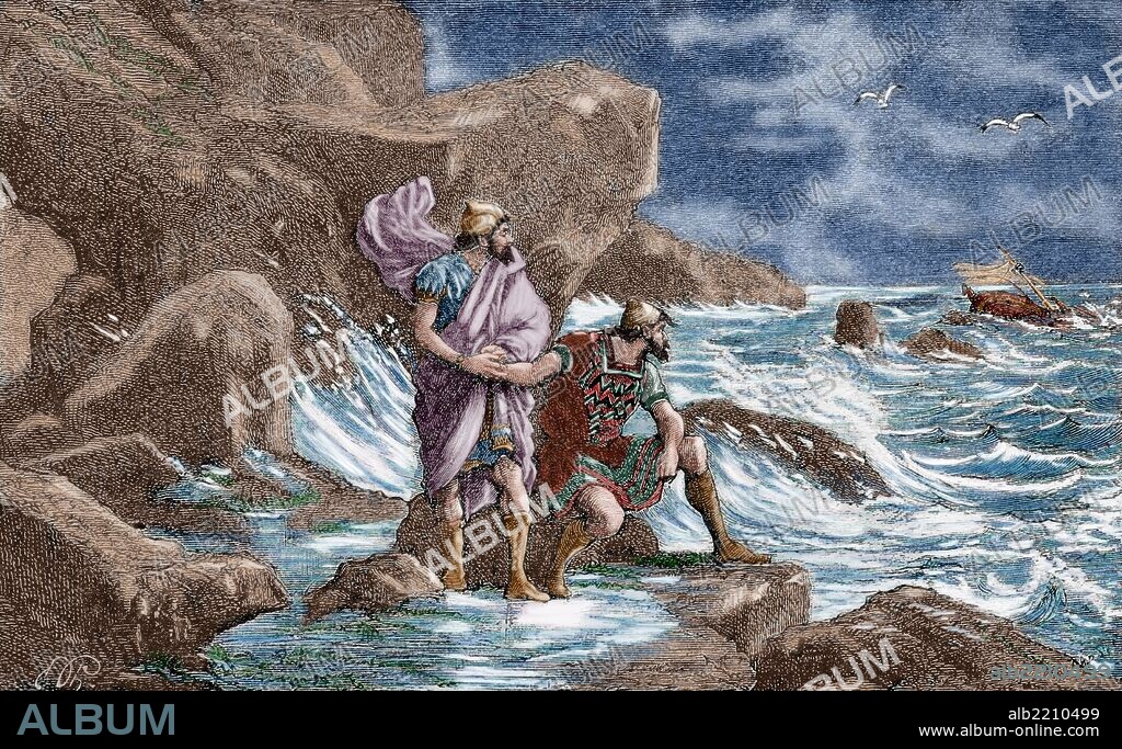 HANNON (Siglo VI a. C.). Navegante cartaginés. Exploró la costa atlántica del Africa hasta el Río de Oro y escribió una historia de su expedición. Grabado por Bertrand. "La Ilustración", año 1882. Coloreado.