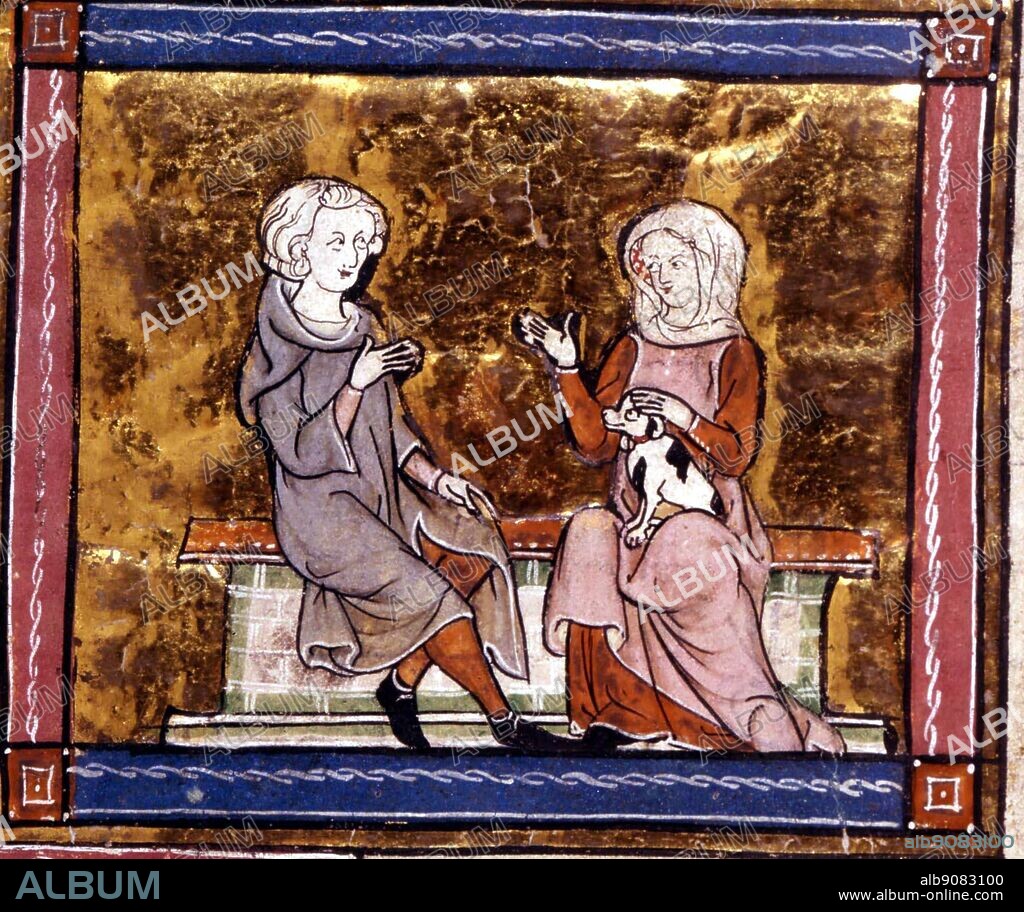 King Arthur and Guinevere sit and talk. Early 14th century. Guinevere was the Queen consort of King Arthur.