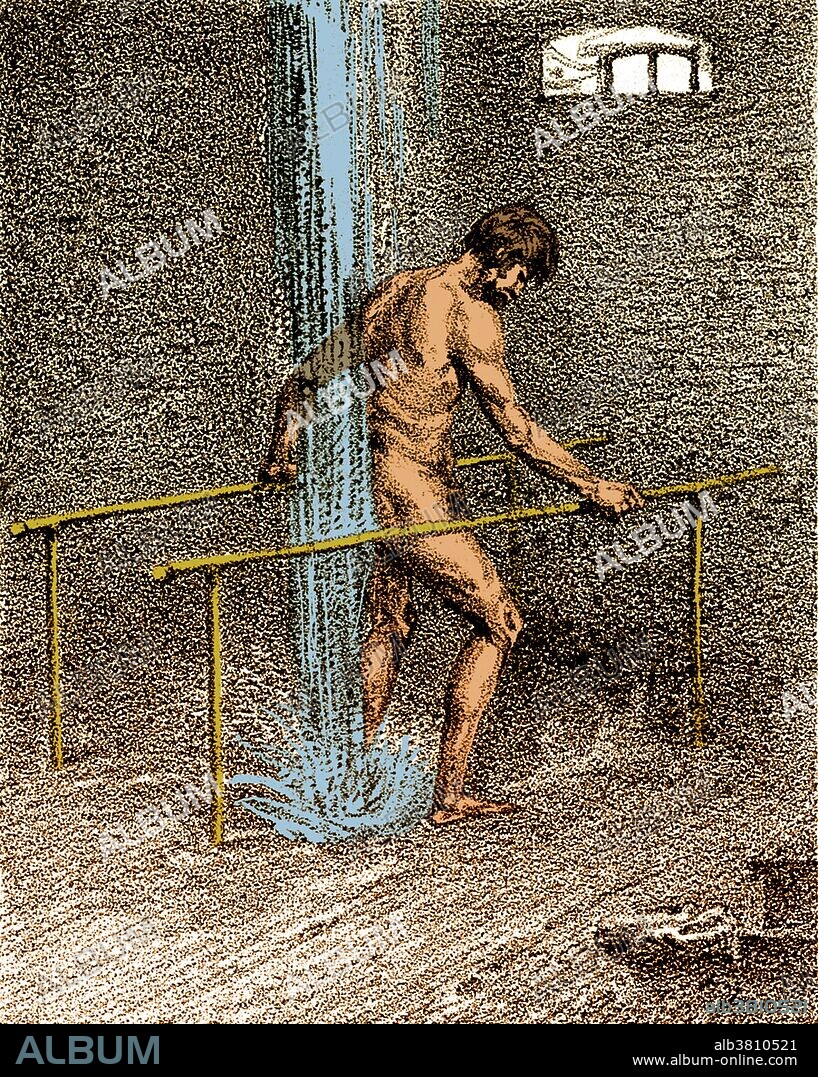 Hydrotherapy cure at Grafenberg, Germany, showering. Lazne Jesenik (until 1948, Grafenberg) is a small village in the Czech Republic. The place is known for its connection with Vincent Priessnitz who founded the first modern hydrotherapeutic institute in 1819. The initial curing included application of cold compresses and poultices or sprinkling of affected areas. He cured contusions, sprains and external wounds. He created his own method of a "sweating cure" used for chronic diseases. He left the patient to sweat in the bed and then he immersed him into a laundry tub with cold water for a short time. Later, in addition to simple sweating cures, he added frequently repeated applications of cold water. These included mostly total baths connected with rubbing of skin, or half-baths, paddling in water, sitting baths, baths of limbs, baths of eyes, total and partial cold showers, drinking of cold spring water, sometimes also cold water intestinal clysm. Lithograph, 1860s.
