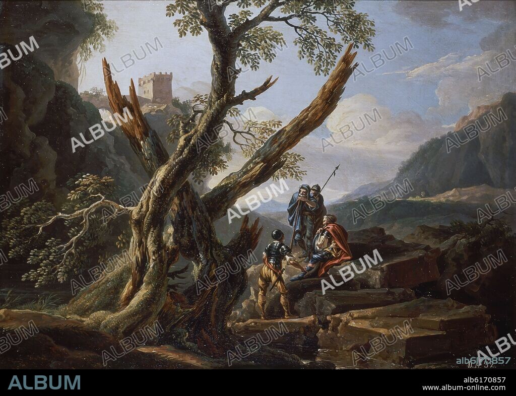 JEAN-ANTOINE CONSTANTIN. PAISAJE CON CASTILLO Y GUERREROS - OLEO/TABLA - 47 x 66 cm - NP 2795 - ESCUELA FRANCESA.