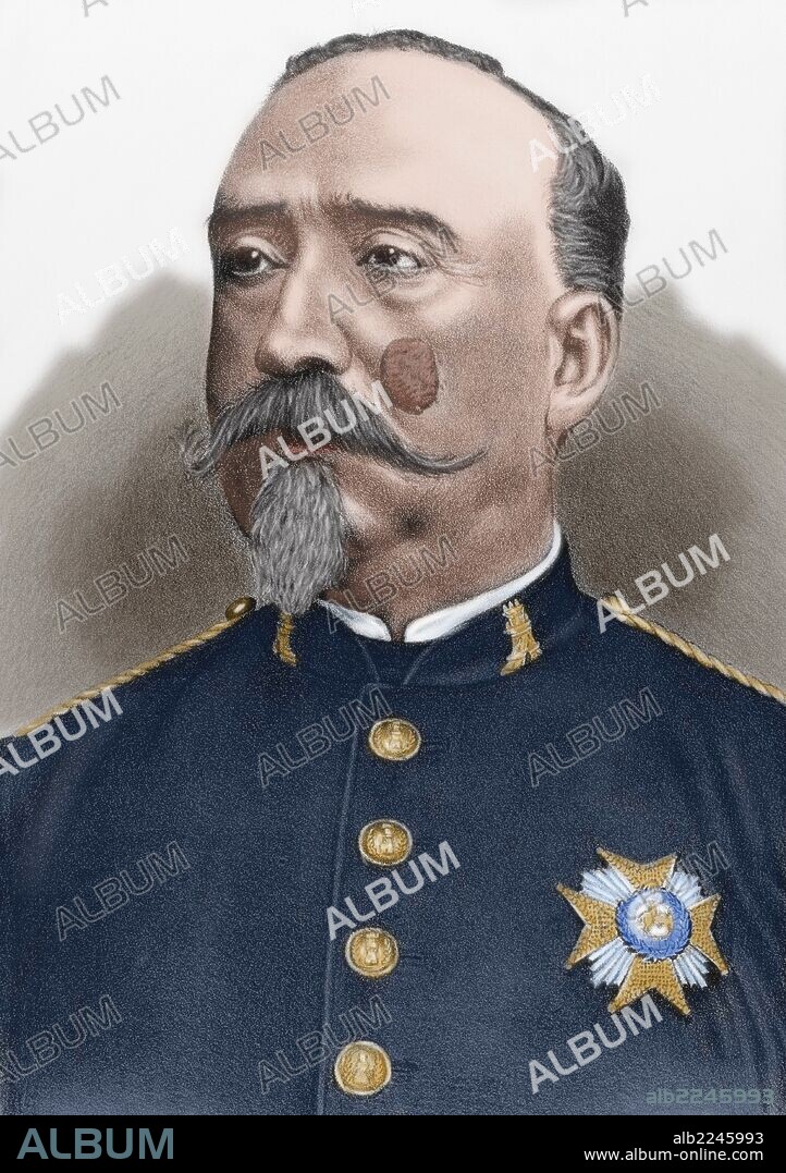 CARLOS IBAÑEZ DE IBERO (Barcelona, 1825-Niza, 1891). Marqués de Mulhacén. General español, principal promotor español de la geodesia. Fundador de la Asociación Geodésica Internacional. "Ilustración Artística", año 1885. Grabado coloreado.