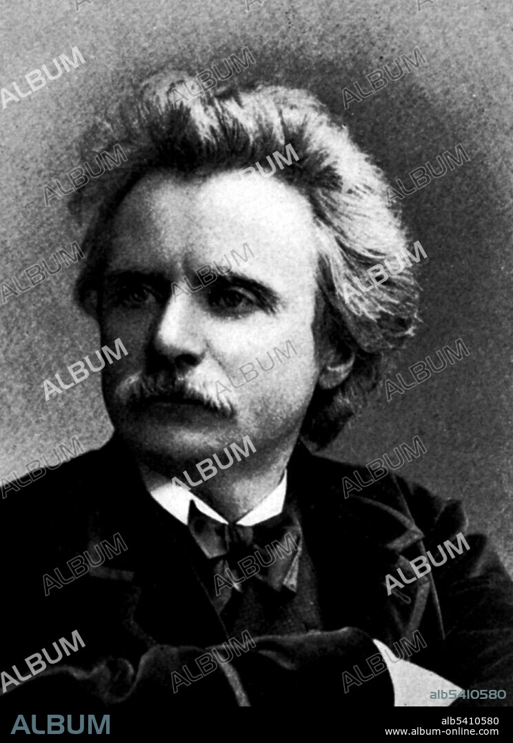 Edvard Hagerup Grieg (June 15, 1843 - September 4, 1907) was a Norwegian composer of the Romantic era and pianist. As a composer Edvard Grieg was fortunate to be a success while still alive and he became famous and relatively wealthy. He is best known for his Piano Concerto in A minor and Peer Gynt (which includes Morning Mood and In the Hall of the Mountain King). No photographer credited, undated (cropped and cleaned).