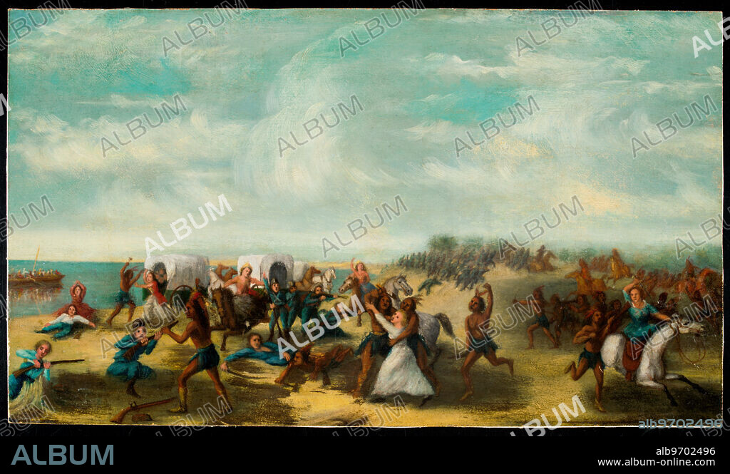 Painting by Samuel Page depicting the Battle of Fort Dearborn, also known as the Fort Dearborn Massacre. Oil on cardboard.
