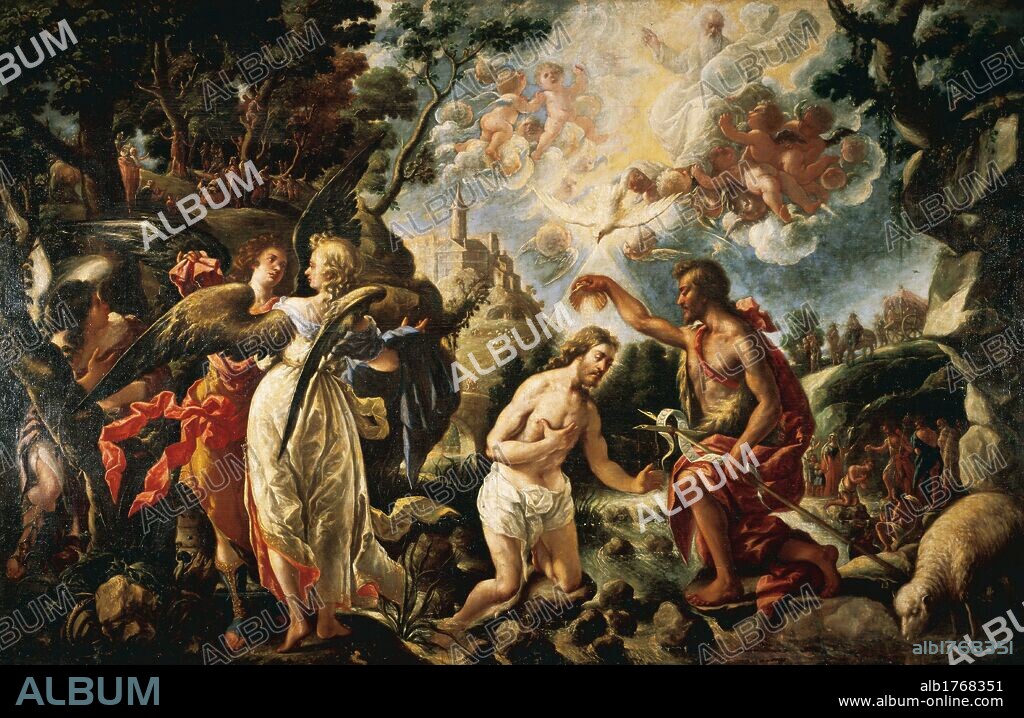 "EL BAUTISMO DE CRISTO". Obra sobre tela. Tamaño 2 x 3,56 m. Oleo realizado por el pintor español Juan de PAREJA (1606-1670), en estilo barroco. Museo Provincial de Huesca. Aragón. España.