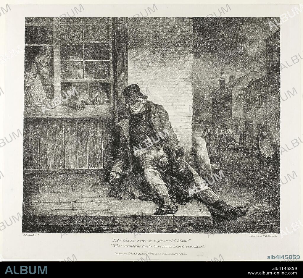 Pity the Sorrows of a Poor Old Man!... plate 2 from Various Subjects Drawn from Life on Stone. Jean Louis André Théodore Géricault (French, 1791-1824); printed by Charles Joseph Hullmandel (German and English, 1789-1850); published by Rodwell and Martin. Date: 1821. Dimensions: 315 × 375 mm (image); 372 × 432 mm (sheet). Lithograph in black on ivory wove paper. Origin: France.