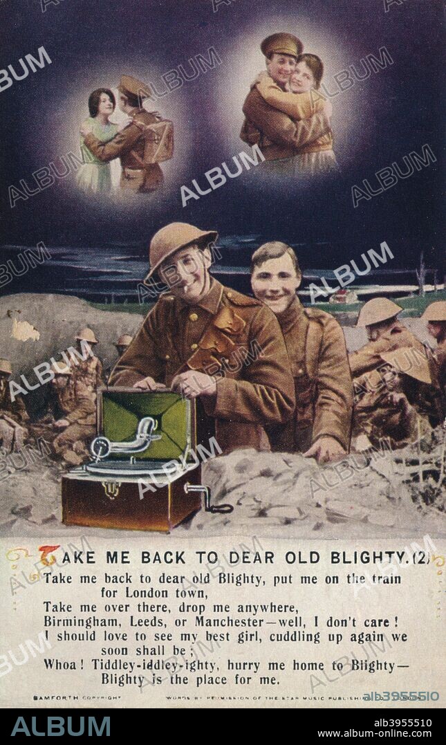 'Take Me Back To Dear Old Blighty (2)', c1916. Take Me Back to Dear Old Blighty is a music hall song written by Arthur J. Mills, Fred Godfrey (1880-1953) and Bennett Scott (1875-1930) in 1916. It was popular during the First World War and tells a story of three fictional soldiers on the Western Front suffering from homesickness and their longing to return to Blighty. [Bamforth & Co., Ltd, Holmfirth, England and New York, c1916].