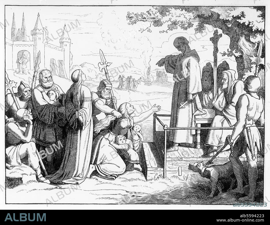 Kreuzzug gegen die Stedinger 1232/34. (Unterwerfung durch Erzbischof Gerhard II. v. Bremen unter dem Vorwand der Ketzerei). "Konrad von Marburg, der päpstliche Ketzermeister". Holzstich, um 1860, nach Zeichnung von Anton Dietrich (1833-1904). 14,5 × 19 cm. Berlin, Sammlung Archiv für Kunst und Geschichte.