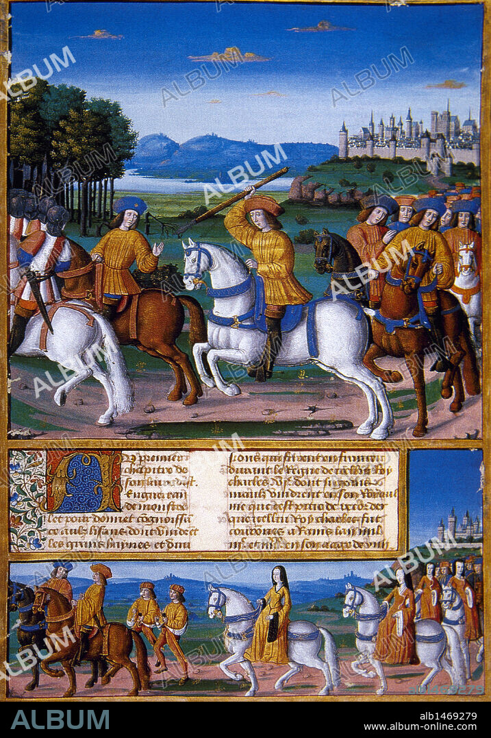 CARLOS VI "el Bienamado" (París, 1368-1422). Rey de Francia (1380-1422). Hijo mayor de Carlos V y Juana de Borbón. Miniatura del siglo XV de las "CHRONIQUES D'ENGUERRAND DE MONSTRELET" con la representación de "LA LOCURA DE CARLOS VI". Castillo de Chantilly. Francia.