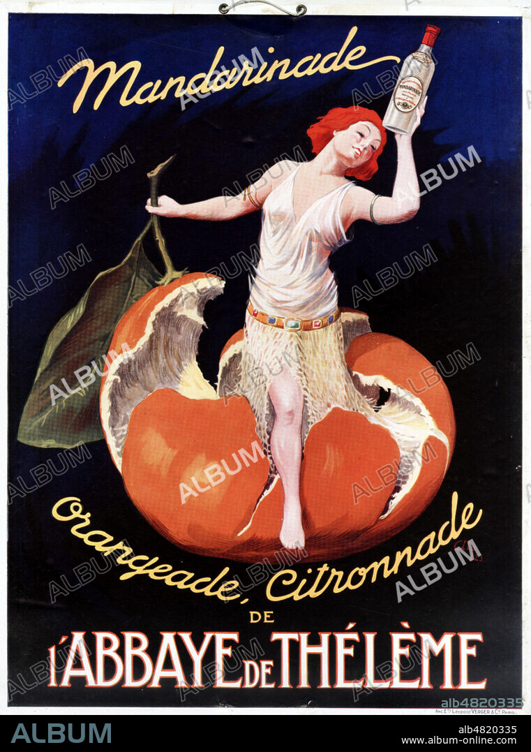 'Mandarinade, orangeade, citronnade de l'Abbaye de Theleme'. Panneau publicitaire pour des liqueurs vers 1935. Credit : IM/KHARBINE-TAPABOR.