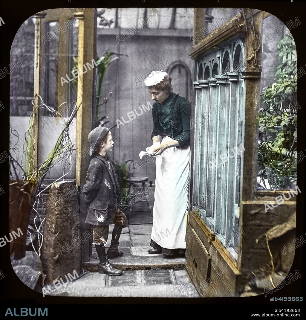 Magic lantern slide circa 1900.Victorian/Edwardian.Social History. Mrs Isabel Reaney story of Willie Wills Wings and slide show a christian story . Life model painted background. Slide 9 One day he had been offering some combs for sale at a house.