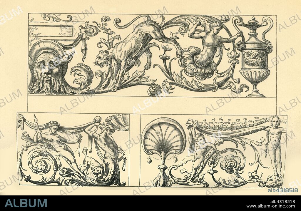 Designs for grotesque friezes, 16th century, (1881). Three proposals for architectural ornament, school of Perino del Vaga, Italy. Woodcut after drawings made in Italy, early-mid 16th century. From "The South Kensington Museum", a book of engraved illustrations, with descriptions, of the works of art in the collection of the Victoria & Albert Museum in London (formerly known as the South Kensington Museum). [Sampson Low, Marston, Searle and Rivington, London, 1881].