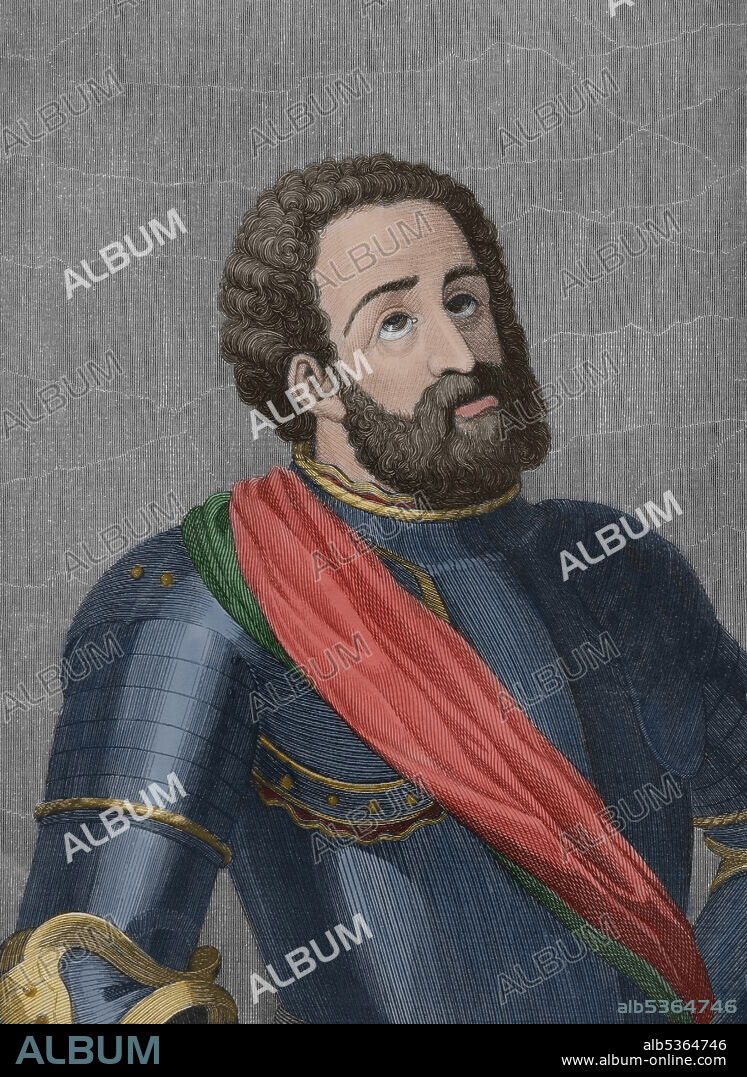 ANTONIO ROCA SALLENT (1814-1864). SPANISH ENGRAVER.. Rodrigo Díaz de Vivar, known as El Cid Campeador (c. 1043-1099). Castilian nobleman, knighted by the Infante Sancho. He took part in the battles of Llantada and Golpejera against Alfonso VI, and in the Siege of Zamora. Portrait. Engraving by Antonio Roca. Later colouration. Las Glorias Nacionales. Volume II, Madrid-Barcelona edition, 1853.