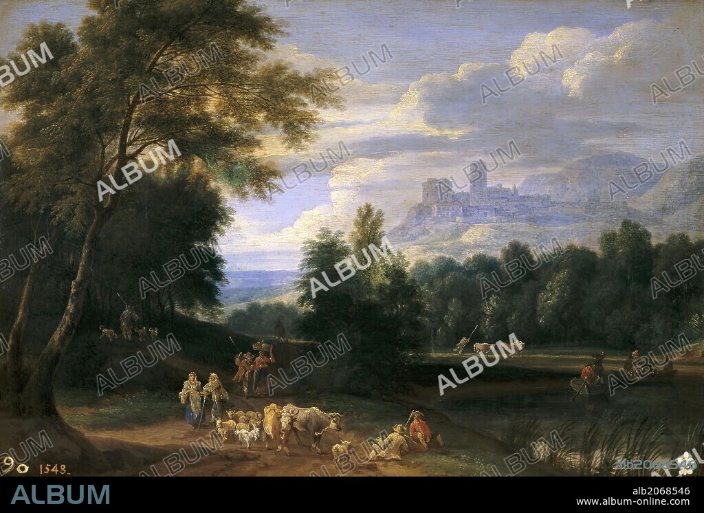 ADRIAEN FRANS BOUDEWYNS. Adriaen Fransz Boudewijns / 'Landscape with Shepherds', Second half 17th century - Early 18th century, Flemish School, Oil on panel, 25 cm x 35 cm, P01375.
