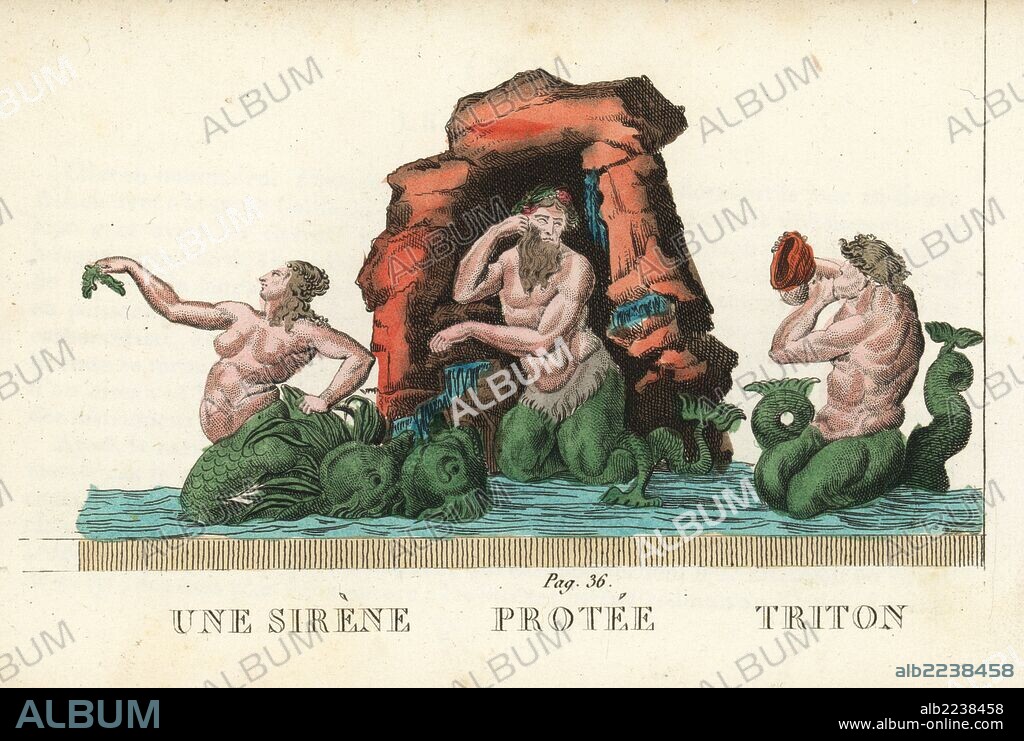 Siren, Proteus and Triton, Greek sea gods. Handcoloured copperplate engraving engraved by Jacques Louis Constant Lacerf after illustrations by Leonard Defraine from "La Mythologie en Estampes" (Mythology in Prints, or Figures of Fabled Gods), Chez P. Blanchard, Paris, c.1820.
