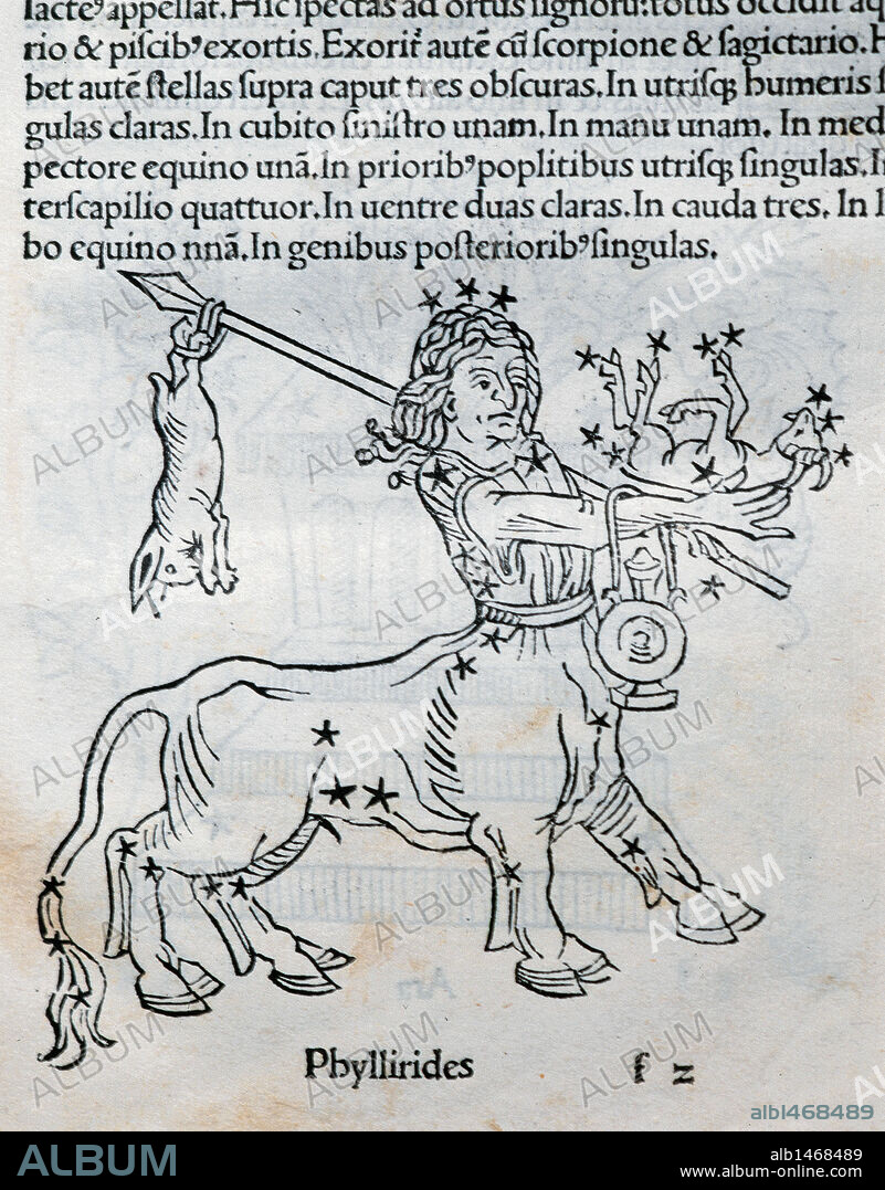 CENTAURO PHYLLIRIDES. Interpretación mitológica de la constelación del hemisferio austral, representada como un centauro. Grabado perteneciente a una edición de "Poeticon astronomicon", de Cayo Julio Higinio (c.64 a.C.-17). Editada en Venecia, 1485. Incunable.