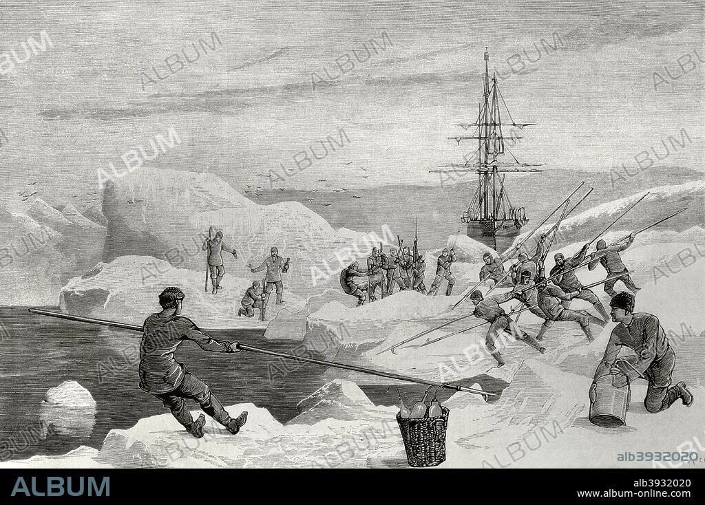 Expedición Artica Británica (1875-1876), dirigida por George Strong Nares (1831-1915). No lograron alcanzar el Polo Norte, pero realizaron reconocimientos de las costas de Groenlandia y de la isla Ellesmere. Tripulantes del barco HMS Alert atrapado en la banquisa, abriendo un canal en el mar helado para dar paso al buque. Grabado por Rico. La Ilustración Española y Americana, 30 de noviembre de 1876. Biblioteca Histórico Militar de Barcelona. Cataluña, España.