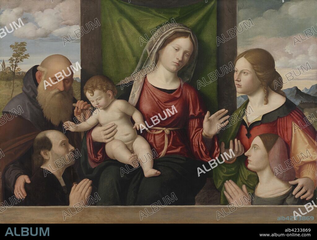 Virgin and Child with Saints and Donors, c. 1515. Giovanni Battista Cima da Conegliano (Italian, ca. 1459-1518), and Workshop. Oil on wood; framed: 103 x 125 x 16 cm (40 9/16 x 49 3/16 x 6 5/16 in.); unframed: 56 x 78.8 cm (22 1/16 x 31 in.).