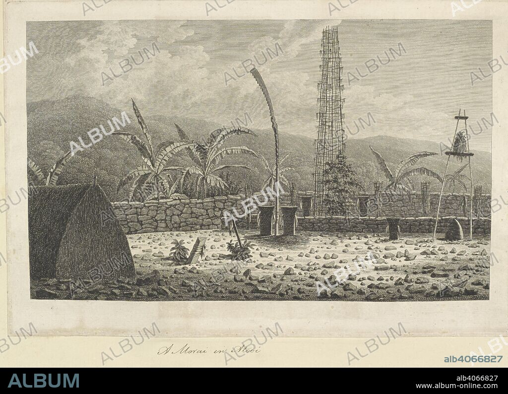 JOHN WEBBER. A morai in Atooi. A depiction of a burial place shows a small rock-strewn field surrounded by low stone walls. In the right foreground is a thatch longhouse or "mana". In the middle background is the tall open-work oracle tower or "lananu'u". There is a serrated post in the centre, and a platform supported by two poles. A collection of drawings by A. Buchan, S. Parkinson, and J. F. Miller, made in the Countries visited by Captain James Cook in his First Voyage [1768-1771], also of prints published in John Hawksworth's Voyages of Biron [Byron], Wallis, and Cook [1773], as well as in Cook's second and third Voyages [1772-1775, 1776-1780]. 1768-1780. Source: Add.23921 f.73.