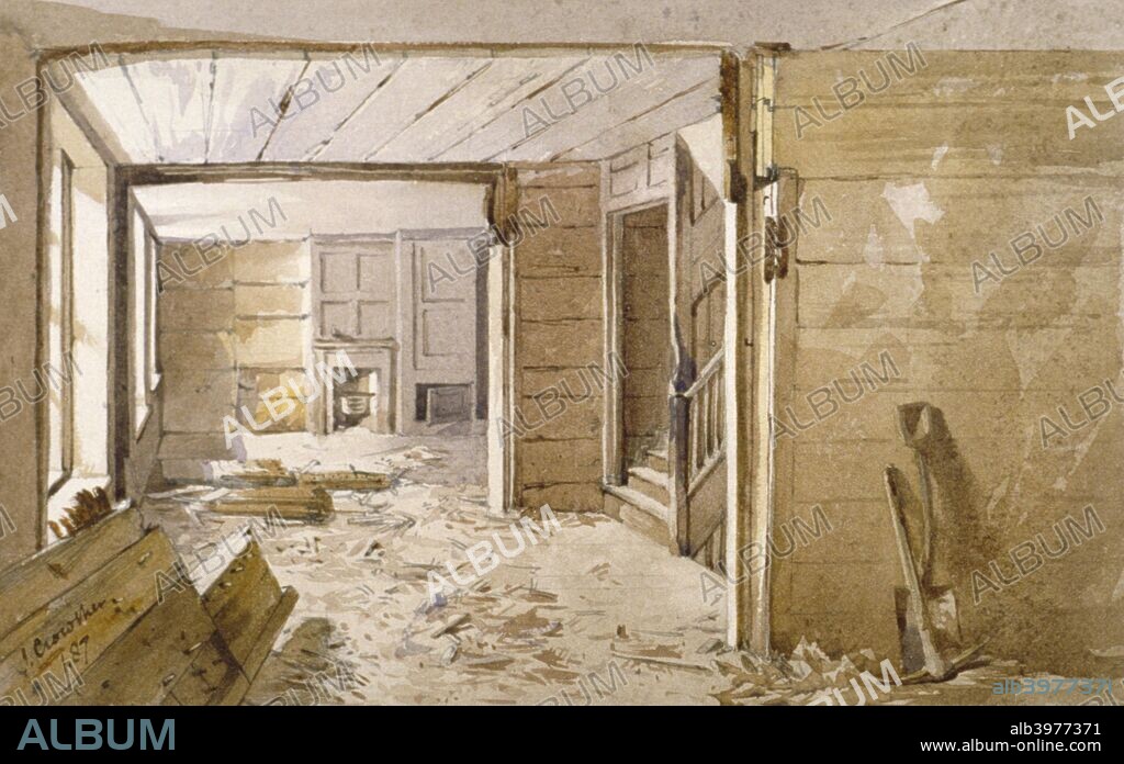 Interior of the room next to the White Lyon Prison, Borough High Street, Southwark, London, 1887. In the foreground is part of the partition, a pickaxe and a shovel.