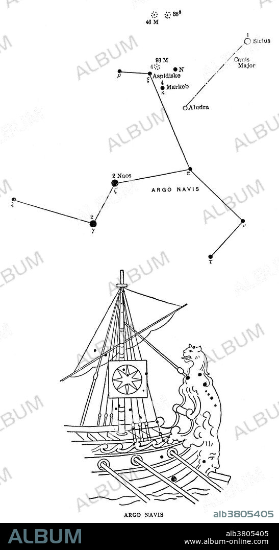 Argo Navis (or simply Argo) was a large constellation in the southern sky that has since been divided into three constellations. It represented the Argo, the ship used by Jason and the Argonauts in Greek mythology. Argo Navis is the only one of the 48 constellations listed by the 2nd century astronomer Ptolemy that is no longer officially recognised as a constellation. It was unwieldy due to its enormous size: were it still considered a single constellation, it would be the largest of all. In 1752, the French astronomer Nicolas Louis de Lacaille subdivided it into Carina (the keel, or the hull, of the ship), Puppis (the poop deck, or stern), and Vela (the sails). When Argo Navis was split, its Bayer designations were also split.