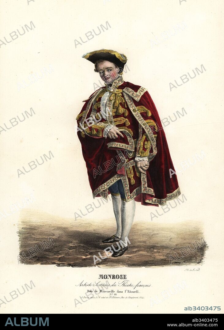 Claude Louis Monrose Sr. as Mascarille in L'Etourdi or The Miser by Moliere, Theatre Francais, 1823. Handcoloured lithograph by F. Noel after an illustration by Alexandre-Marie Colin from Portraits d'Acteurs et d'Actrices dans different roles, F. Noel, Paris, 1825.