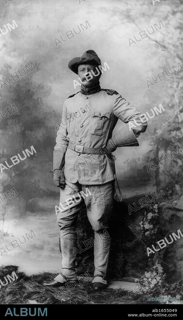 Theodore D. Roosevelt (1858-1919) 26th President of the United States of America (1901-1909). In 1898 in Spanish-American War as Colonel of First US Volunteer Cavalry Regiment 'Rough Riders' which he formed.